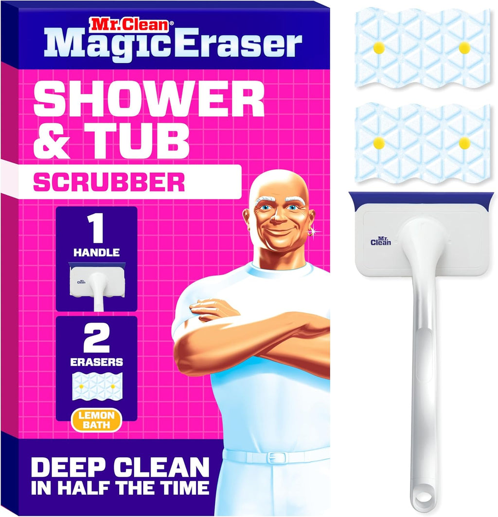 Mr. Clean Magic Eraser Shower & Tub Scrubber - All-in-One Bathroom Cleaner Kit | Lemon Scent, 1 Scrubber & 2 Erasers