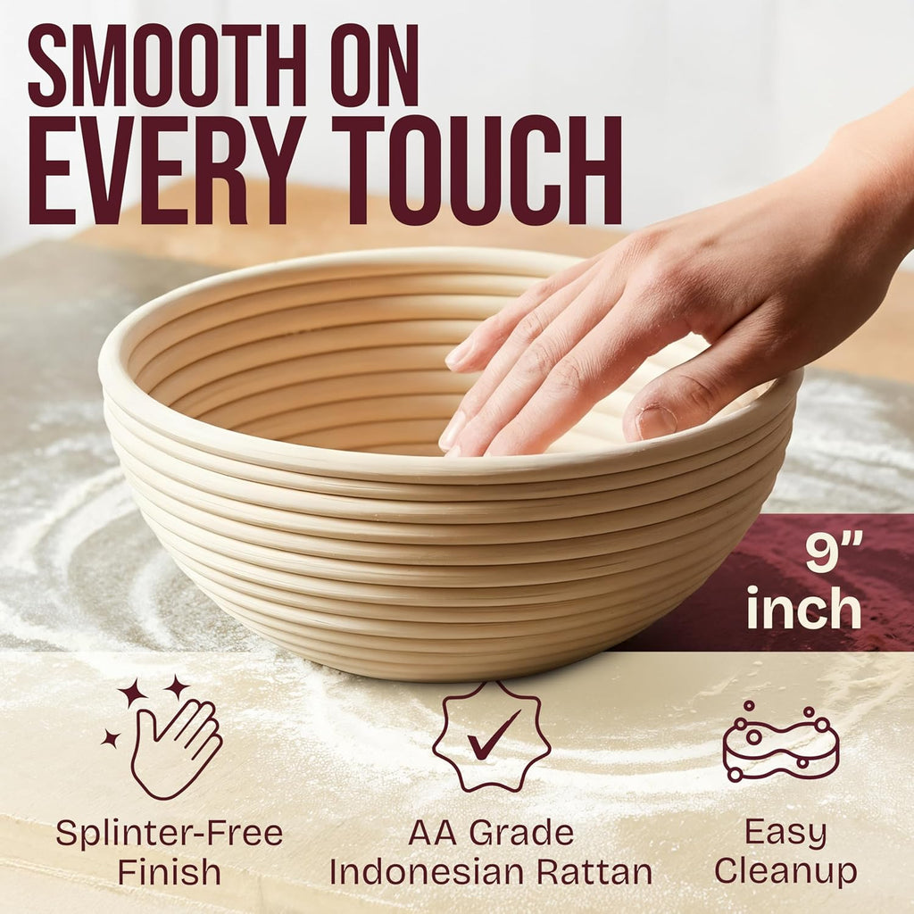 Superbaking Sourdough Starter Kit - 9" Round Banneton Bread Proofing Basket Set with Silicone Sling