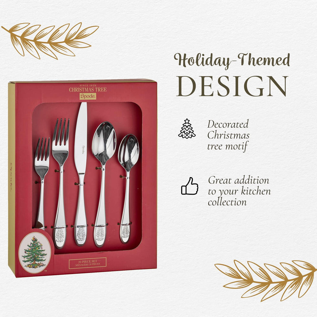 Spode Christmas Tree Collection 20-Piece Stainless Steel Flatware Set - Holiday Cutlery Set - Dishwasher Safe Silverware - 4 Dinner Forks, Salad Forks, Dinner Knives, Tablespoons, Teaspoons