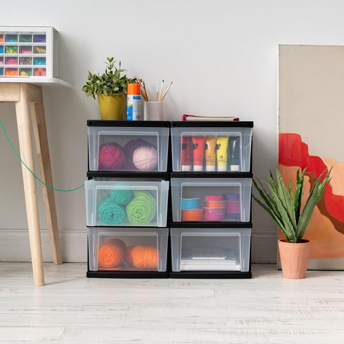 IRIS USA Plastic Drawer Organizer - 3-Drawer Storage Solution for Art Supplies | Black/Clear, 2-Pack