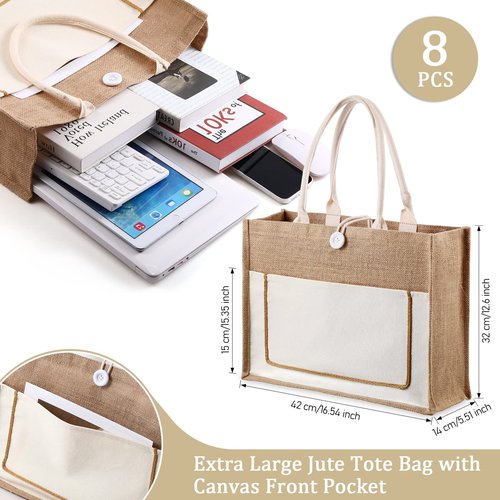 Reginary 8 Pcs Burlap Tote Bags Bulk Large Jute Tote with Handles Reusable Canvas Gift Bags for Wedding Travel(Beige)