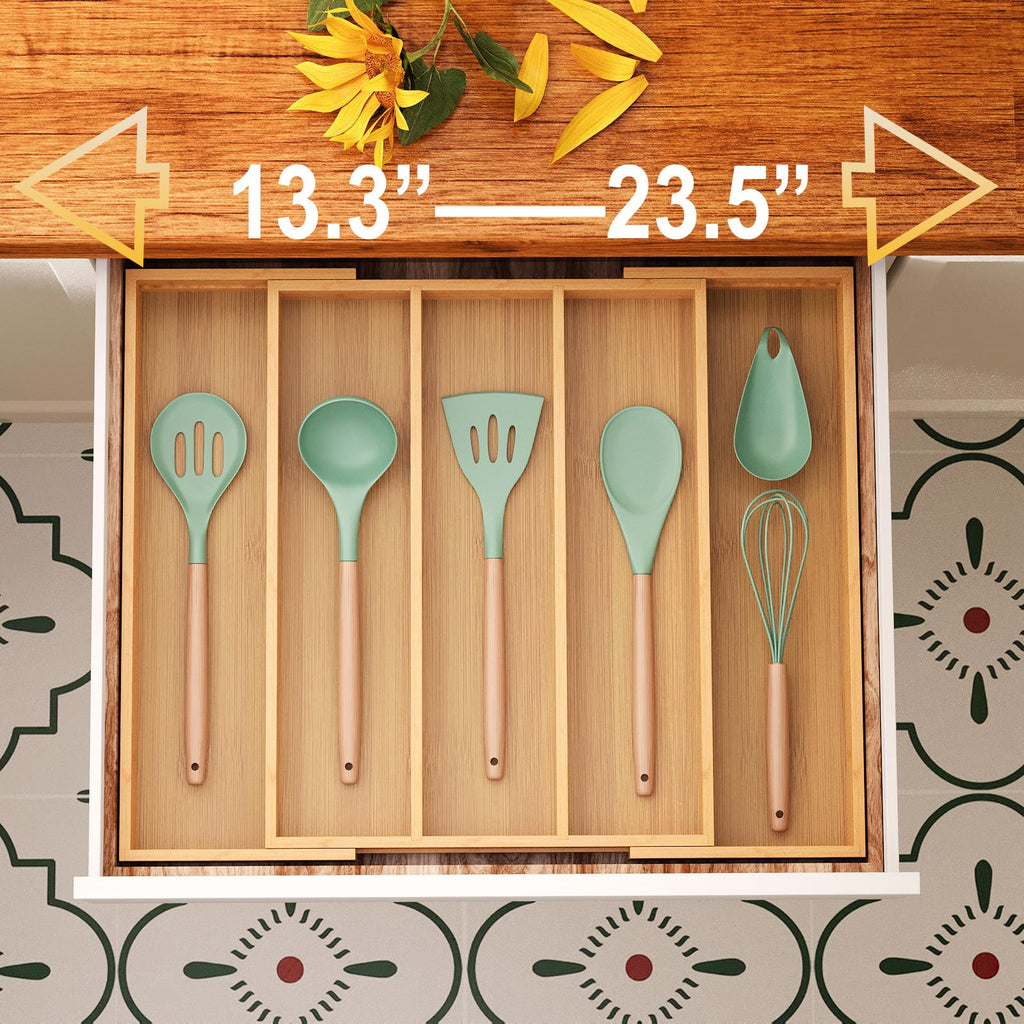 Fibogollo Expandable Kitchen Drawer Organizer,Bamboo Silverware Organizer,Adjustable Flatware Tray for Utensils(16.92 * 13.30~22.83 * 1.96)