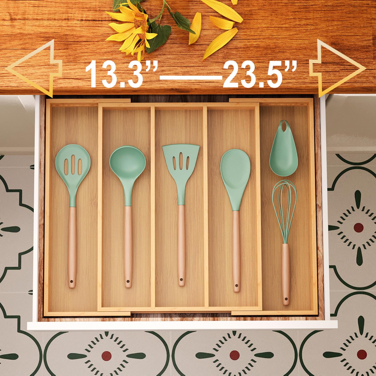 Fibogollo Expandable Kitchen Drawer Organizer,Bamboo Silverware Organizer,Adjustable Flatware Tray for Utensils(16.92 * 13.30~22.83 * 1.96)