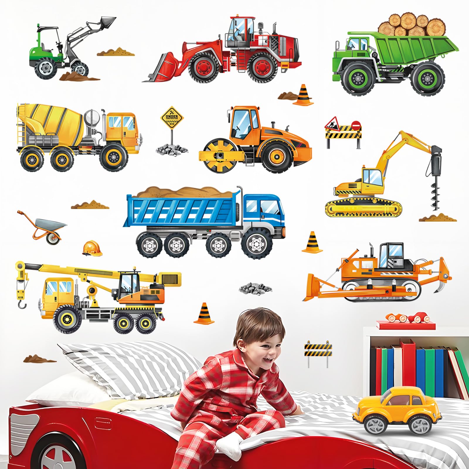 decalmile Construction Vehicles Wall Decals Cars Truck Tractor Wall Stickers Baby Nursery Boys Bedroom Kids Playroom Wall Decor