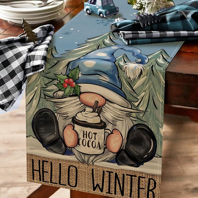 Winter Blue Gnome Table Runner 13" x 90" – Pine Tree Snowflake Hot Cocoa – Variation: Winter Blue Gnome+Table Runner