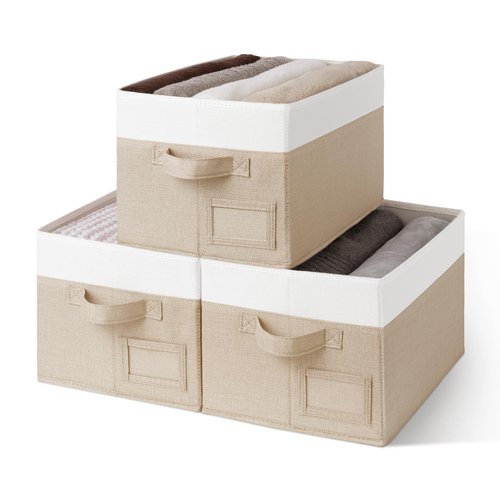 GRANNY SAYS Shelf Storage Baskets, Fabric Storage Bins for Clothes, Closet Storage Boxes with Handles, Collapsible Storage Containers for Bedroom and Living Room, Khaki and Ivory, Large, 3-Pack