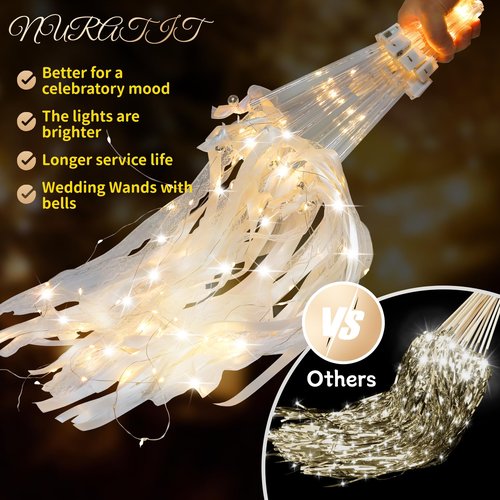 50 PCS Wedding Wands with Ribbons & Bells, Romantic Sparkle with Three Light Modes, Light up Wands for Wedding Send off, New Year, Birthday Party, Parties, and Celebrations