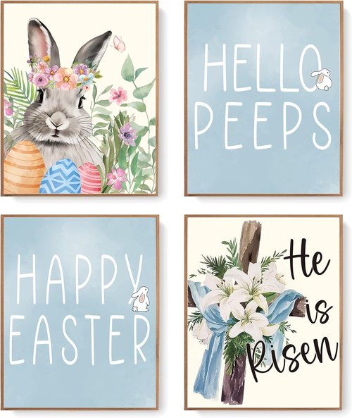 LARTSFRO Easter Decor - Bunny Wall Art Prints | Happy Easter Posters for Living Room & Bedroom | Set of 4 Unframed 10x8 Inch