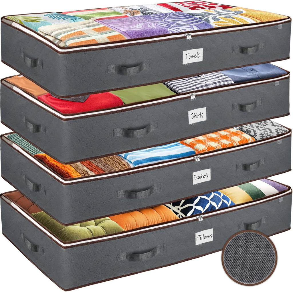Under Bed Storage Bins by [Brand Name] - Pack of 4 Durable Containers for Clothes & Shoes | Clear Top with Dual Zippers
