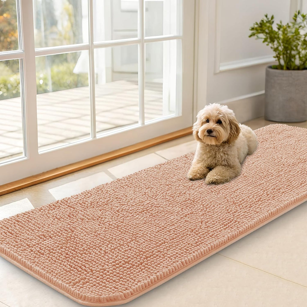 OLANLY Dog Door Mat - Absorbent Non-Slip Washable Doormat for Muddy Paws | 59x20 Inches, Quick Dry Chenille, Peach