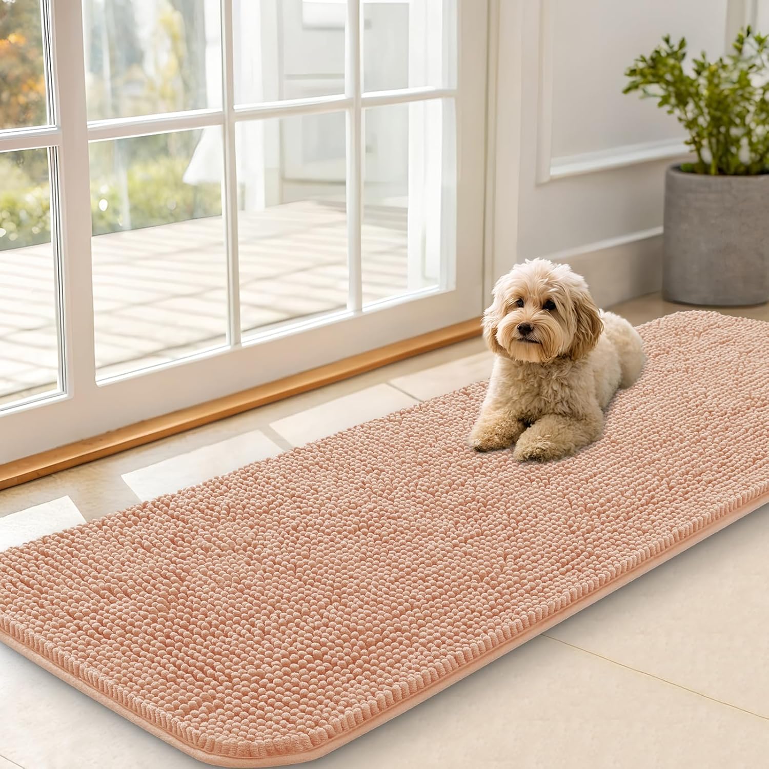 OLANLY Dog Door Mat - Absorbent Non-Slip Washable Doormat for Muddy Paws | 59x20 Inches, Quick Dry Chenille, Peach