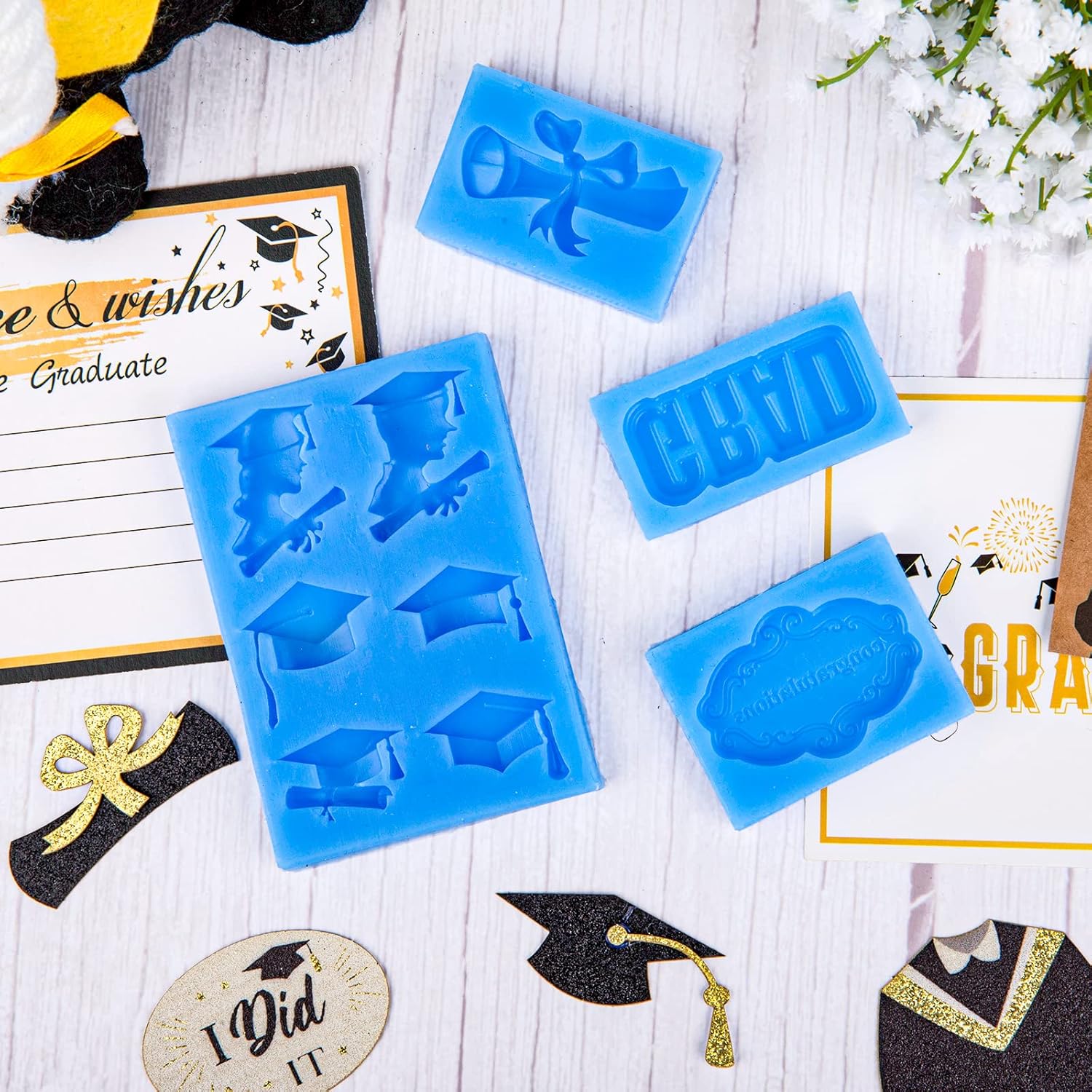 Whaline Graduation Mini Fondant Molds - 4 Pack Silicone Caps & Diplomas for Cake Decoration | Blue