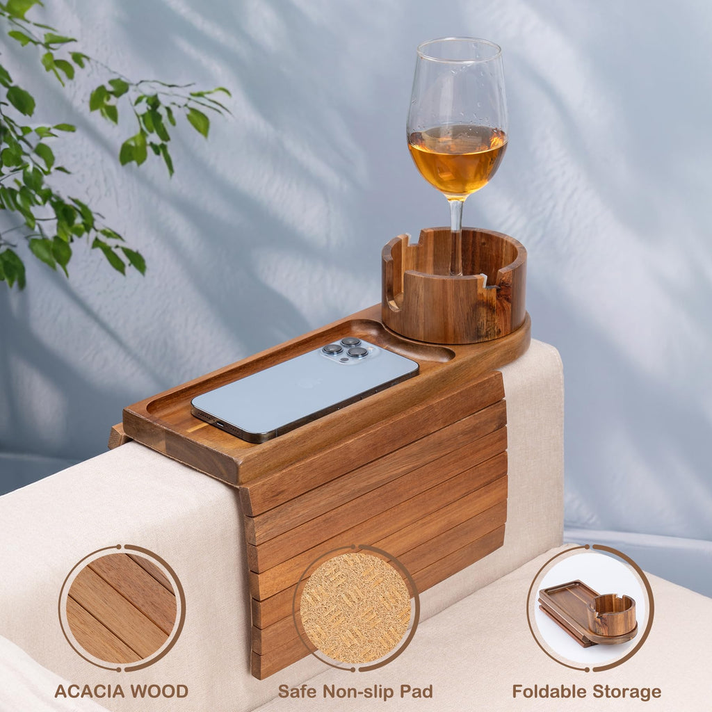 Couch Cup Holder for Armrests Over 4.9" Wide, Acacia Wood Couch Arm Tray with 360° Rotating Cup Holder, 3 in 1 Foldable Sofa Arm Tray Table for Remote, Snacks, Phone, Drinks