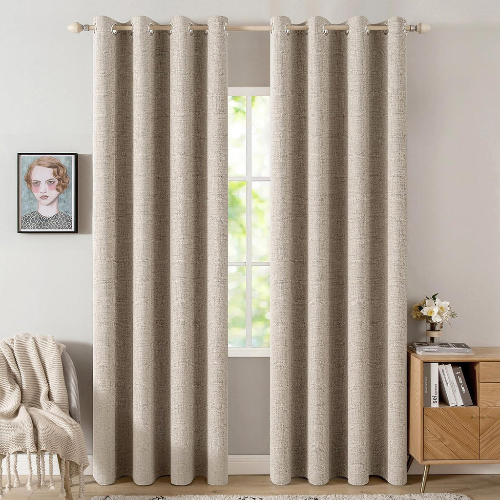 MIULEE Blackout Linen Textured Curtains - Thermal Insulated Taupe Drapes for Bedroom | 52 x 84 Inch (2 Panels)