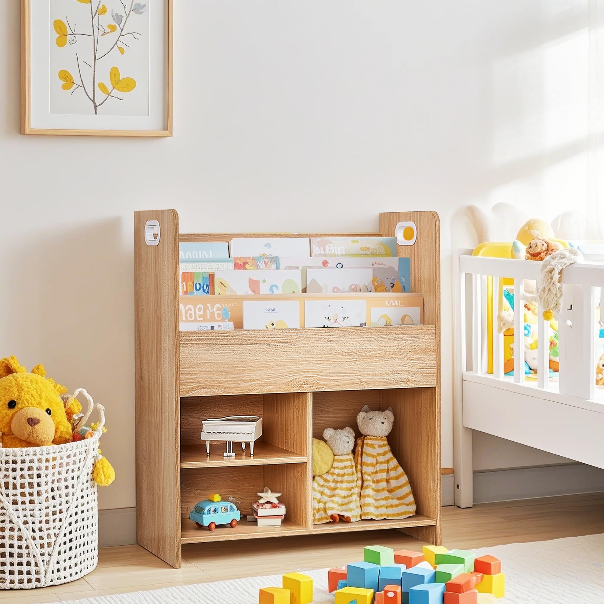 VECELO Kids Bookshelf with Toy Storage - Wooden Nursery Organizer for Books & Toys, Easy Assembly Playroom Shelf (Teak)