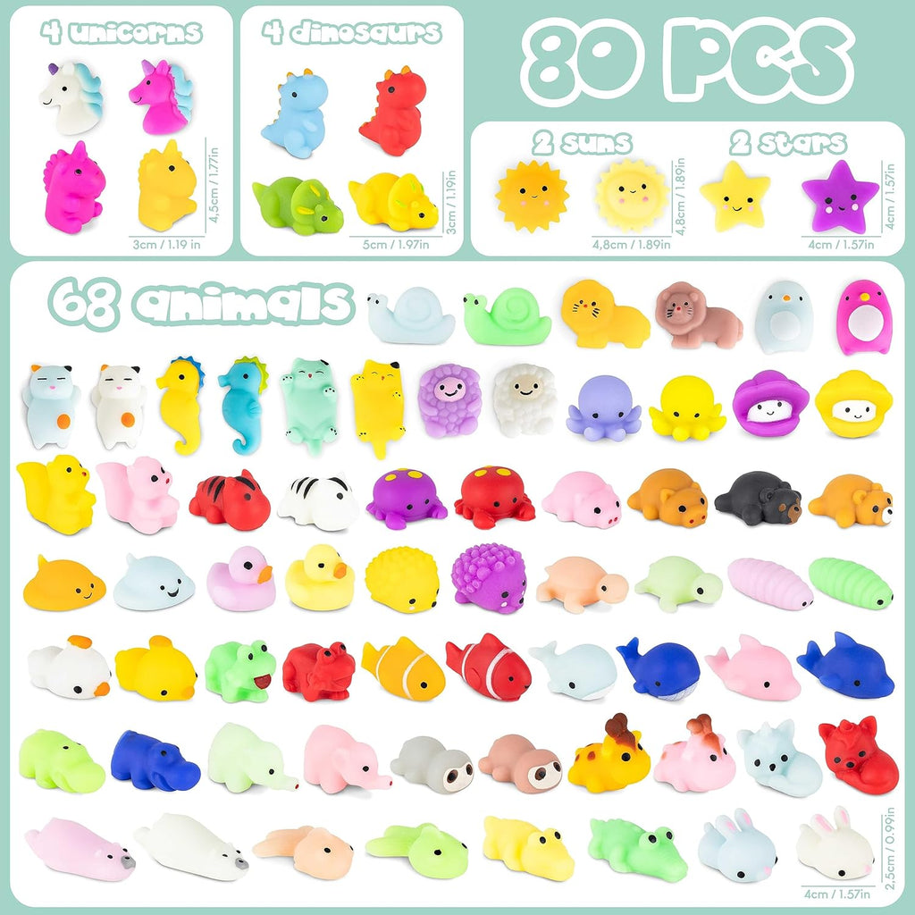 BONNYCO Mochi Squishy Toys - Bulk Pack of 80 for Kids' Party Favors | Perfect Goodie Bag Stuffers