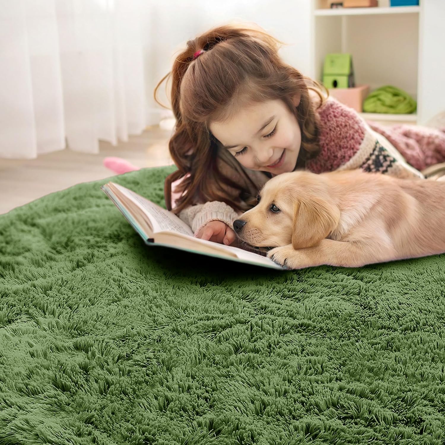 OLANLY Green Round Area Rug - Soft & Fluffy 5 ft Machine Washable Carpet for Bedroom & Living Room Decor