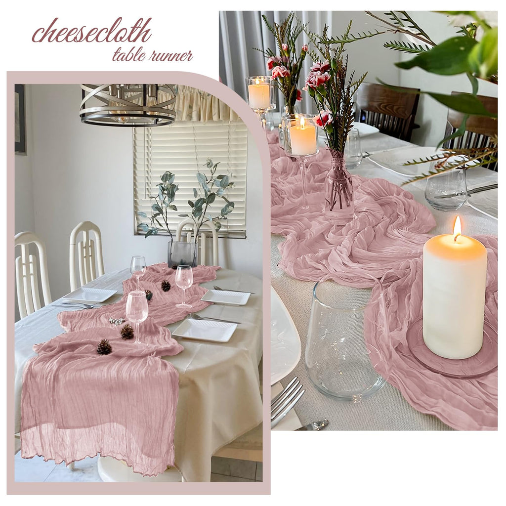 FANTEKE 12 Pack Dusty Pink Cheesecloth Table Runner 20 x 120 Inch Gauze Table Runner Fabric Semi Sheer Cheese Cloth Table Decor Bulk for Rustic Romantic Wedding Baby Shower Party Table Decoration