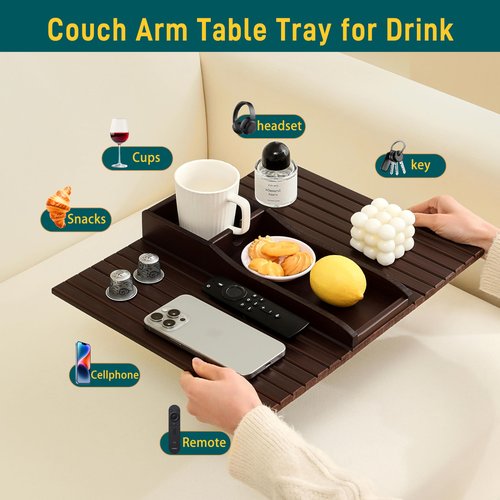 HNLISA Bamboo Couch Cup Holder Arm Tray Table，Couch Drink Holder，Sofa Cup Holder Armrest Tray，Anti-Slip Foldable Arm Chair Table Tray Recliners for Drink,Cups, Snacks, Phone, Remote