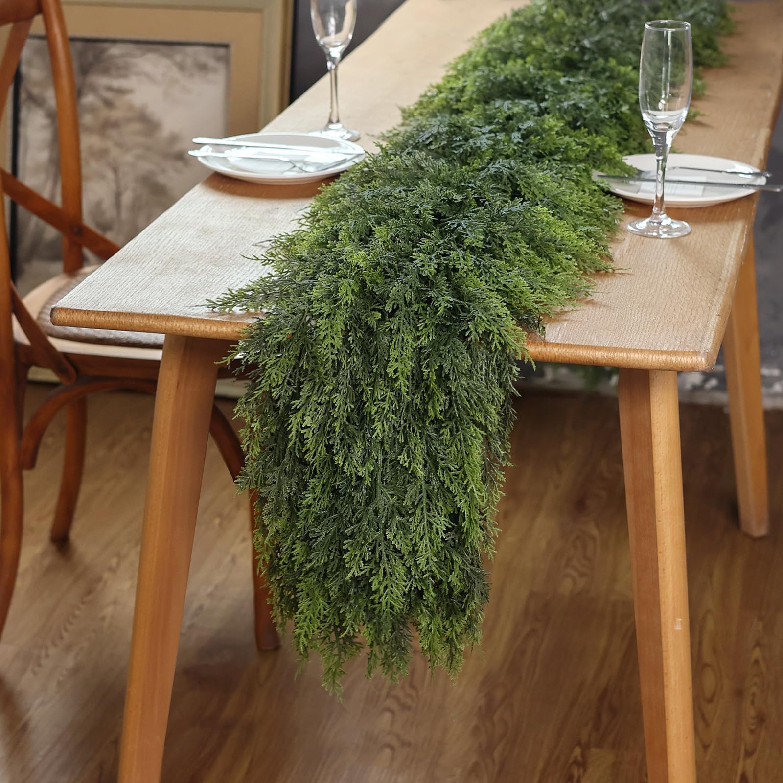 Soft Textured Christmas Cedar Garland -9ft Artificial Garlands Faux Cedar Fake Pine Needles Garland for Fireplace,Table,Window,Stairs,Mantle,Holiday Indoor Outdoor Xmas Decor(1PCS)
