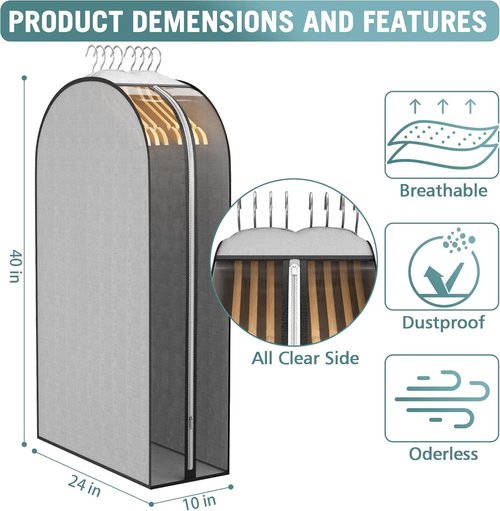 Liuoud 10" Gusseted Garment Bags - 40" Suit Bags with Clear Side Cover for Clothes Storage | 3-Pack, Grey