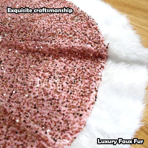 Leapig Christmas Tree Skirt 48 inch Shiny Pink Sequin Sparkly with Faux Fur Plush Tree Mat for 5-7FT Large Xmas Tree Christmas Tree Decorations for Holiday Home Decor Party
