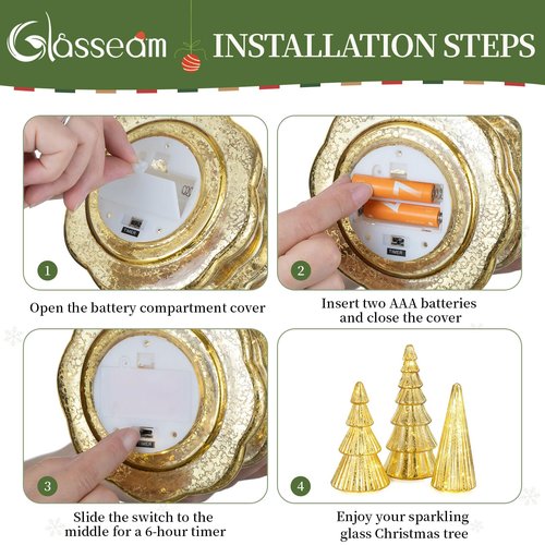 Glasseam Gold Christmas Centerpieces for Table: Set of 3 Mercury Glass Christmas Tree with Lights Tabletop Xmas Trees with Timer for Decorations Indoor Ornaments Fireplace Mantel Decor
