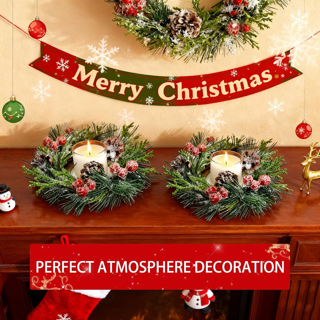 Skiennix 6 Pcs Mini Christmas Wreaths - 9 Inch Snowy Pinecone & Red Berry Candle Rings for Festive Decor