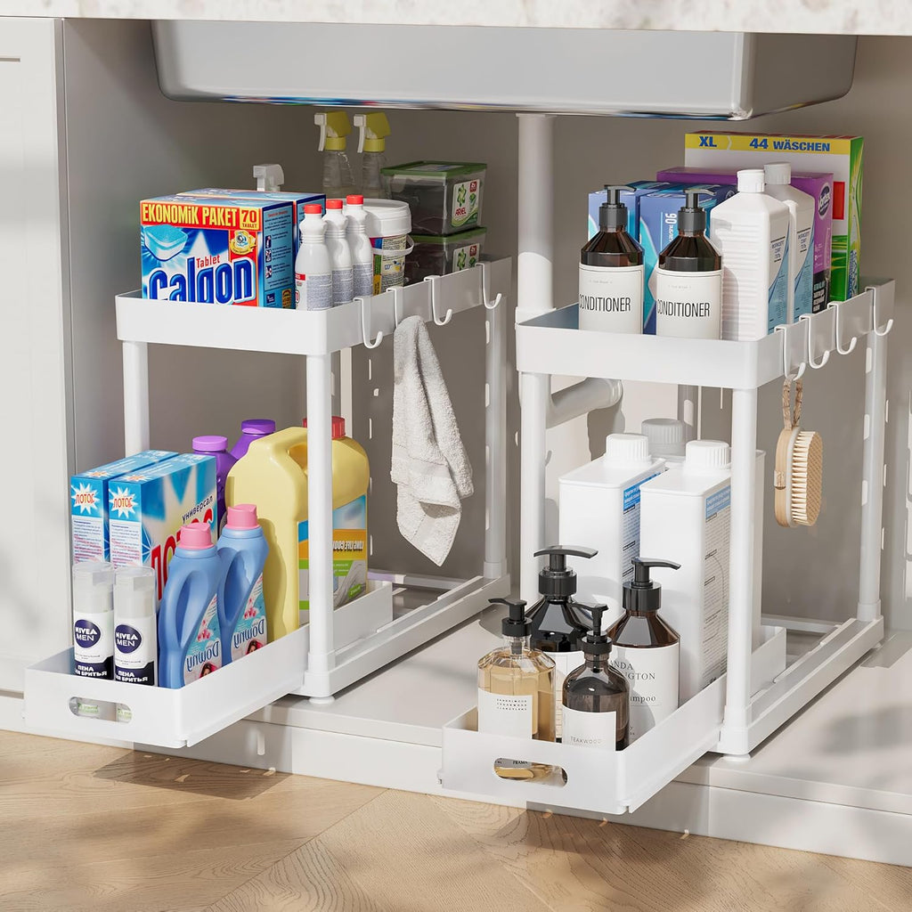 Skiennix Pull-Out Storage Organizers - Multi-Purpose Under Sink Bathroom & Kitchen Organizers | Black, 2 Pack