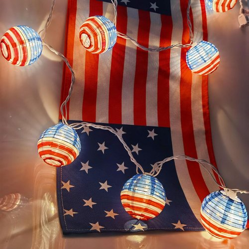 Romasaty 4th of July Decorations Lights, 8.5Ft American Flag Lantern String Lights with 10 Lantern Lights, Plug in Patriotic Light for Indoor Independence Day Party Memorial Day