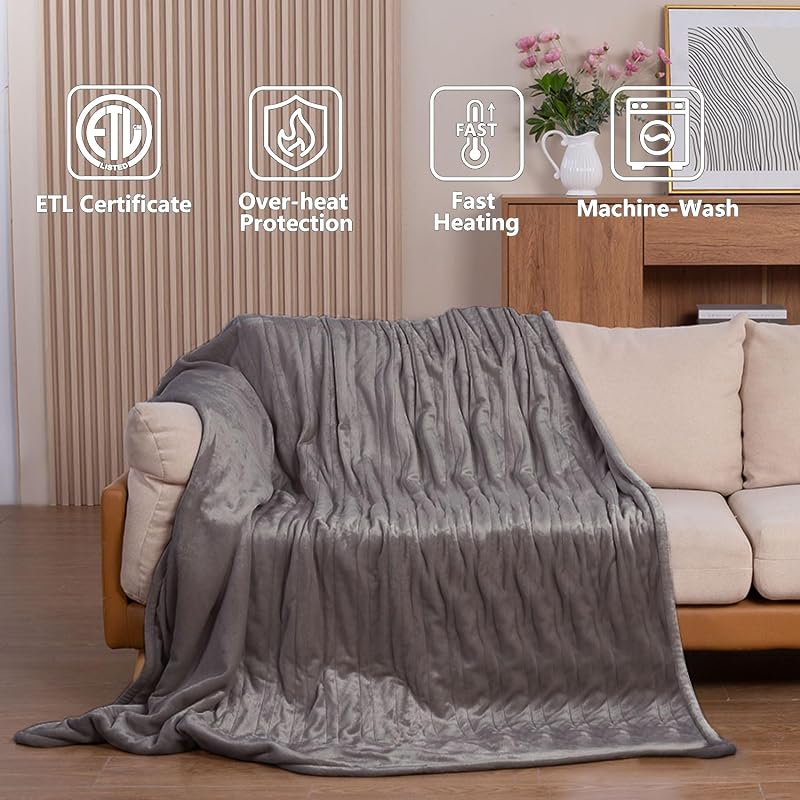 Queen Heated Blanket 84x90 with Dual Controls, Soft Flannel 3 Heat Settings - Camel Grey