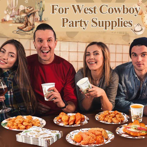 Pickmesh 250 Pcs Western Cowboy Party Decorations Wild West Disposable Tableware Set Cowboy Paper Plates Napkins and Cups for Rodeo Birthday Baby Shower Party Decorations Serve 50