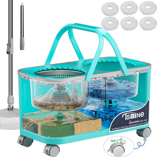 Easy-Use Spin Mop for Cleaner, Controlled Rinsing, Clean & Dirty Water Separation Mop Bucket for Pet & Family Homes,360° Swivel Wheels, Safe for Hardwood & Tile, Adjustable Handle,6 Reusable Mop Heads