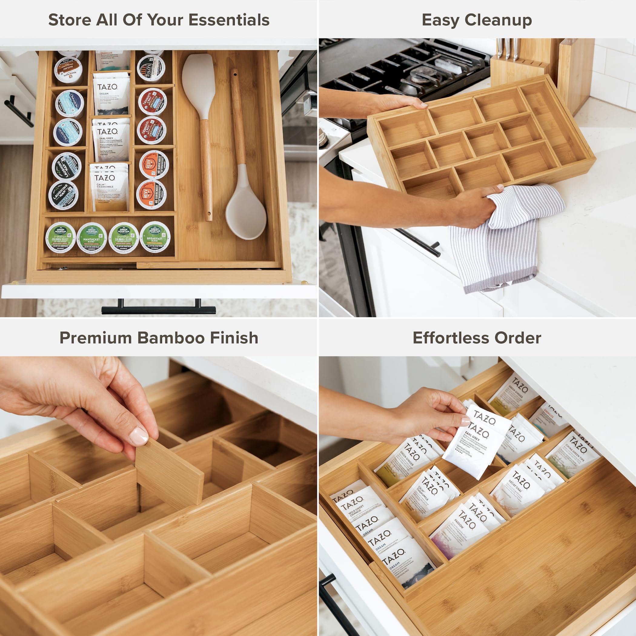 KitchenEdge Tea Bag and Coffee Pod Kitchen Drawer Organizer, Expandable 9.7 to 17 Inches, 10 Accessory Compartments with Adjustable Wall Inserts, Non-Slip Rubber Feet, 100% Sustainable Bamboo Wood