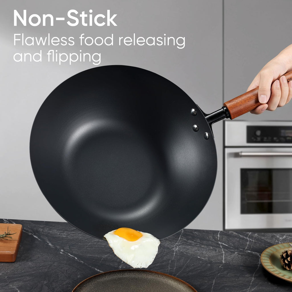 CAROTE 12.5" Carbon Steel Wok Pan, 6.5QT Woks & Stir-fry Pans Nonstick, No Chemical Coated Pre-Seasoned Flat Bottom Wok with Lid for Stir Fry, Chinese Cast Iron Wok Cooking Pan All Stovetop Compatible