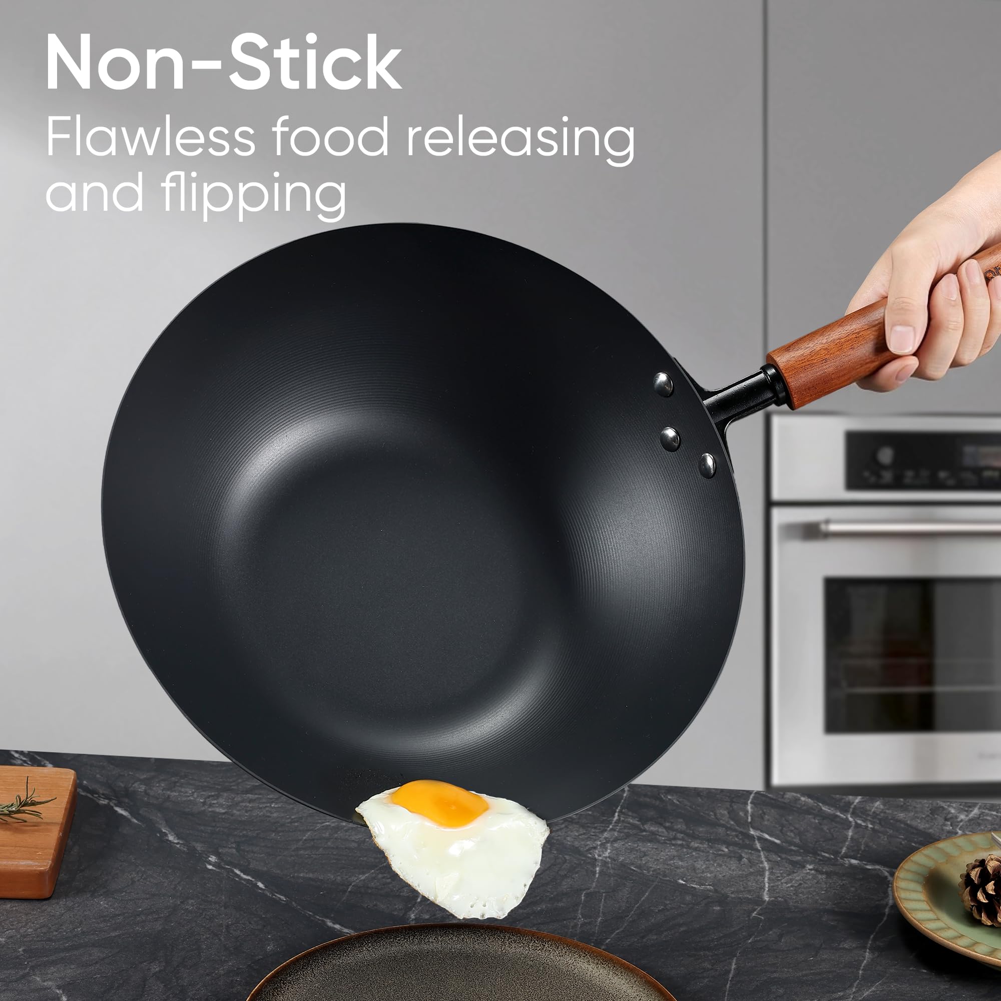 CAROTE 12.5" Carbon Steel Wok Pan, 6.5QT Woks & Stir-fry Pans Nonstick, No Chemical Coated Pre-Seasoned Flat Bottom Wok with Lid for Stir Fry, Chinese Cast Iron Wok Cooking Pan All Stovetop Compatible