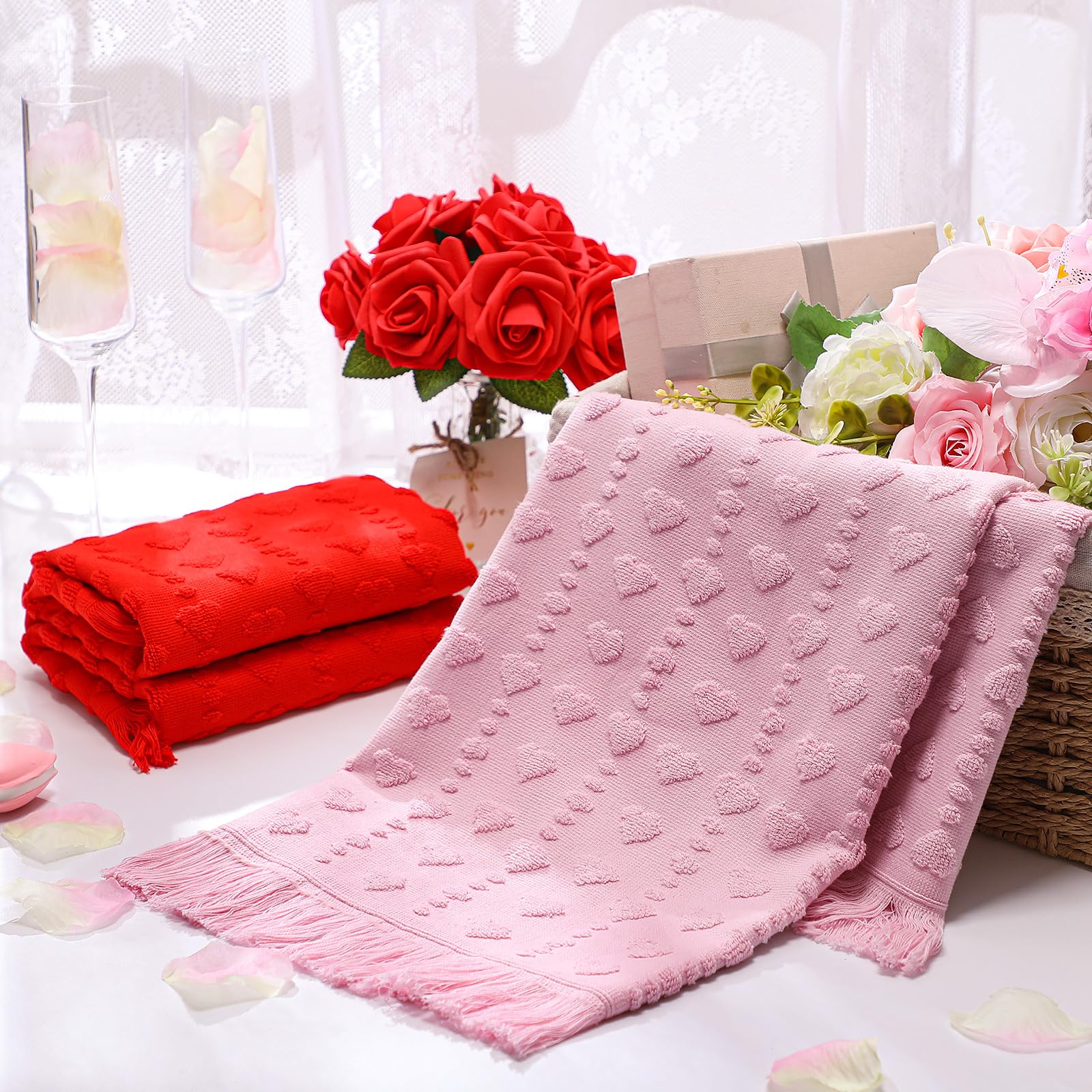 Peryiter 2 Pcs Valentine's Day 3D Heart Hand Towels with Tassel Valentines Decor 100% Cotton Red Pink Bathroom Towel Decorative Absorbent Bath Towel for Kitchen Drying Cleaning, 13.78 x 33.46 Inch