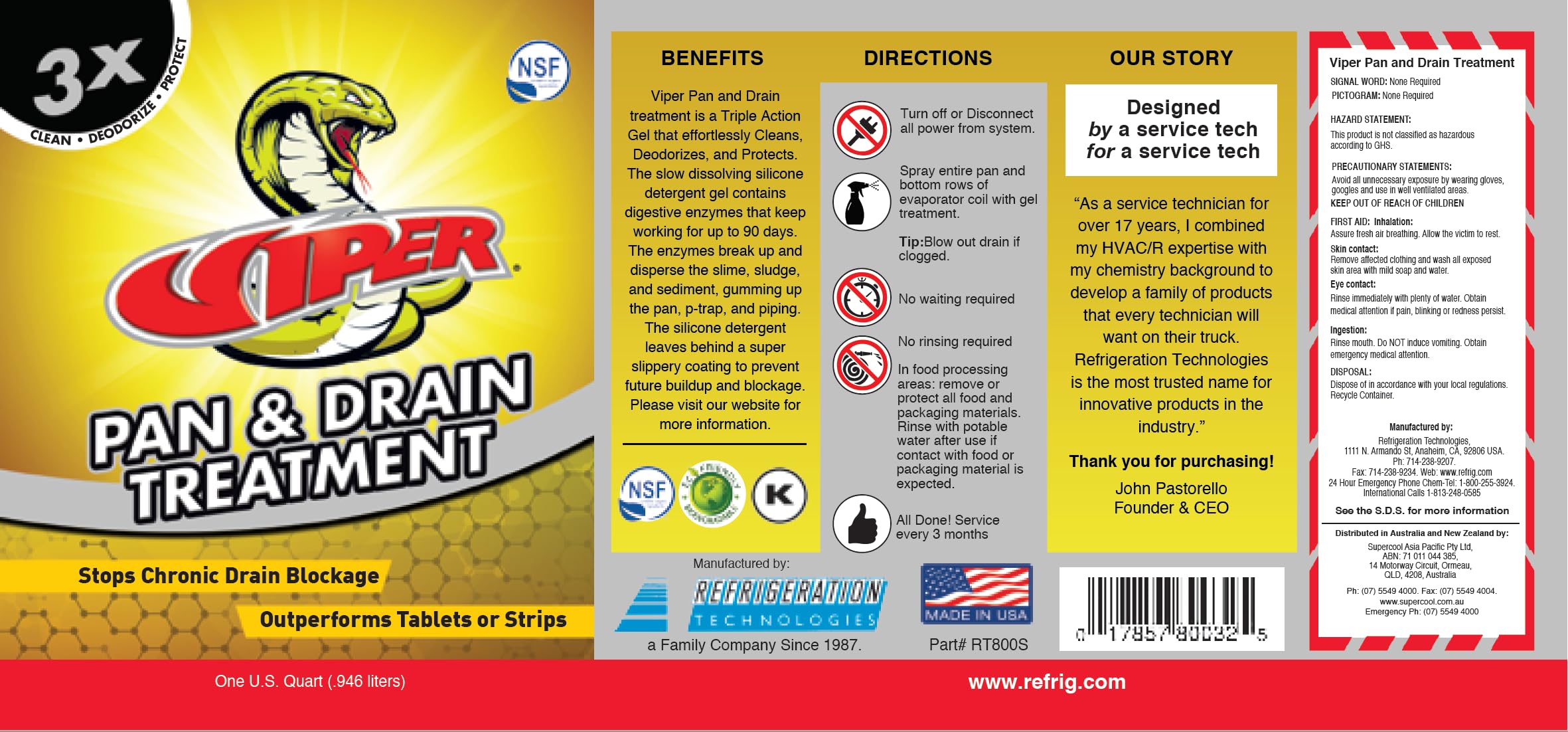 Refrigeration Technologies Viper Pan & Drain Treatment 1 Qt, Yellow RT800S (1)