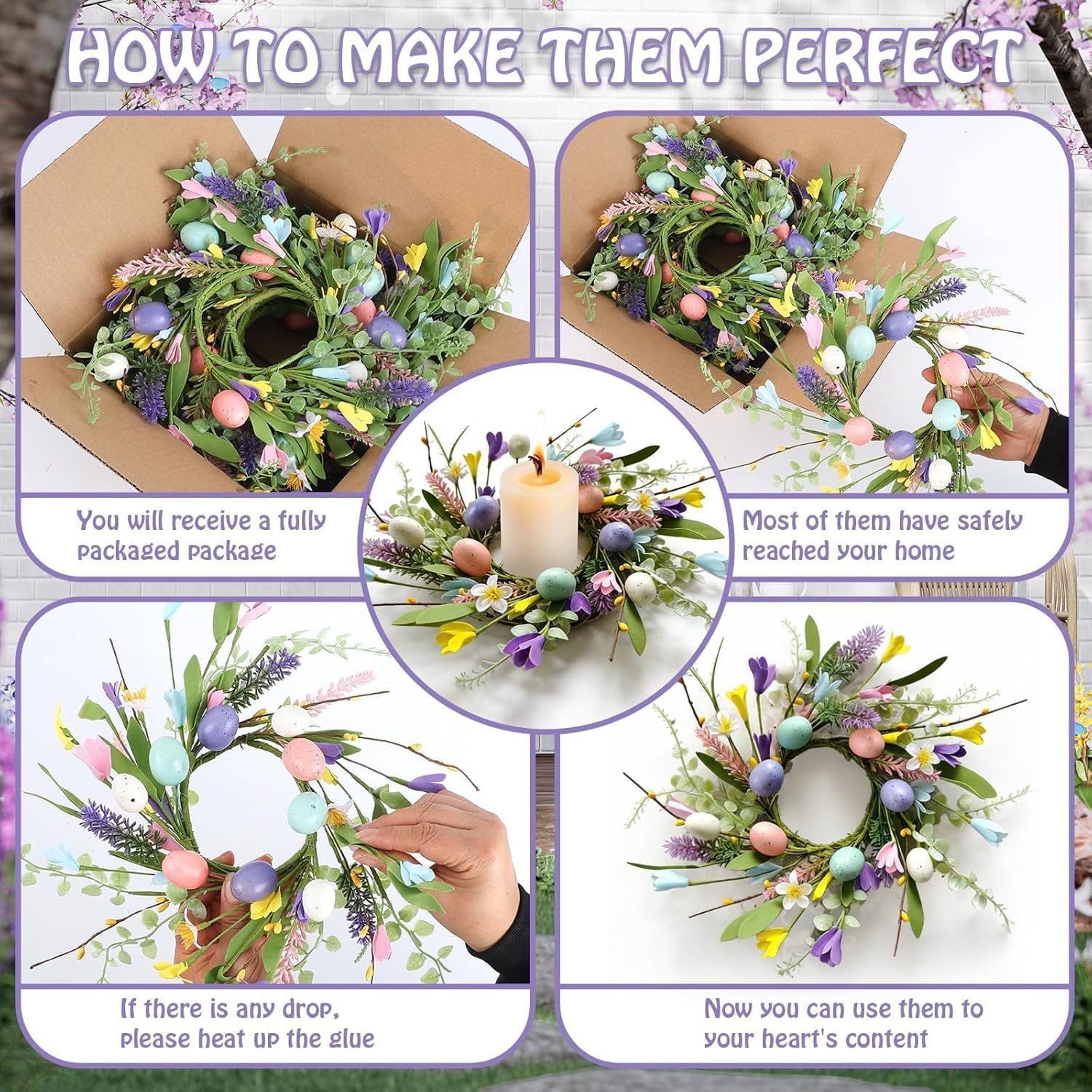 Skiennix Easter Candle Rings - 6 Pcs Mini Pillar Holders with Eggs & Flowers | Spring Yellow Berries Decor