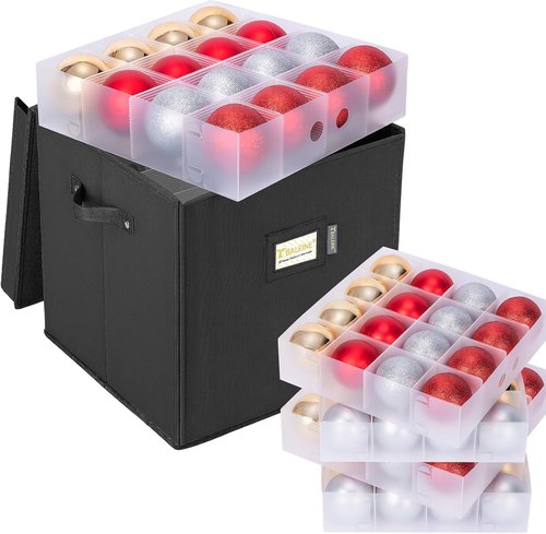 BALEINE Christmas Ornament Storage Box - Premium Holiday Container with Dividers for 64 Balls | Black Hard Case