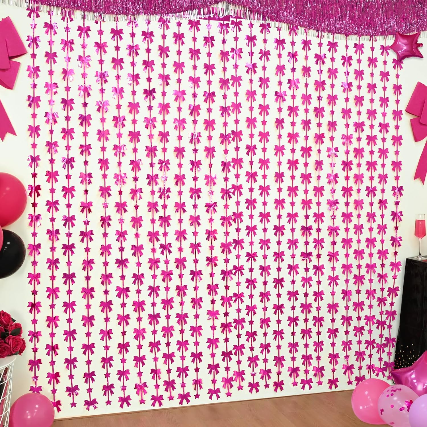 Menstarsi Bow Party Decorations - Hot Pink Foil Fringe Curtains | 2 Pack, 3.3 X 6.6 Ft Backdrop for Birthdays & Bachelorette Parties