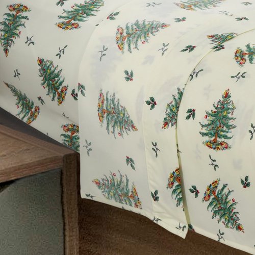 Spode - King Sheets, Cozy 4-Piece Set with Matching Pillowcases, Holiday Room Decor Christmas Tree Ivory, King