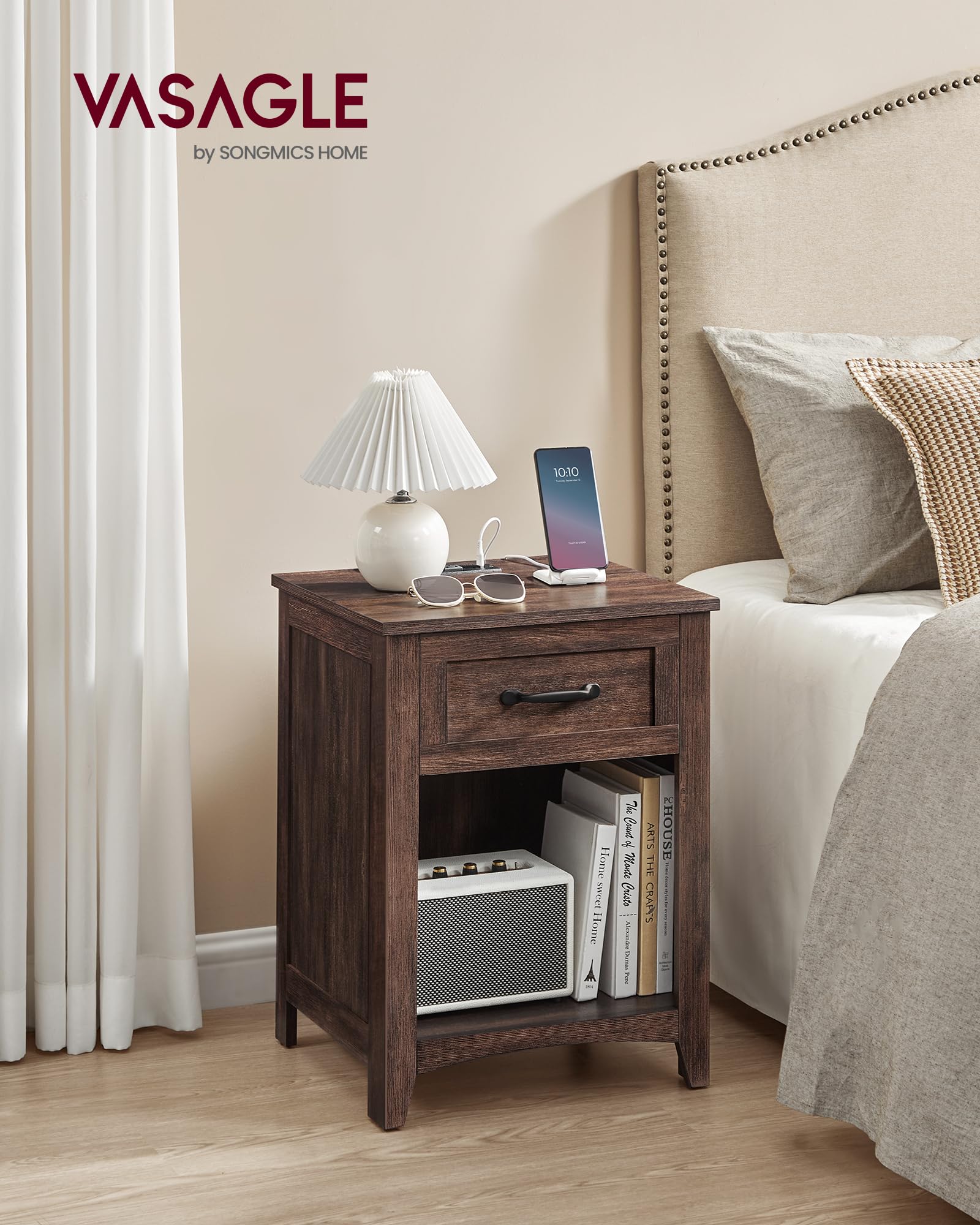 VASAGLE LIRY Collection - Farmhouse Nightstands with Charging Station, Set of 2 Bedside Tables, Side Tables with Drawer, Open Compartment, for Bedroom, Maroon Brown ULET959K51
