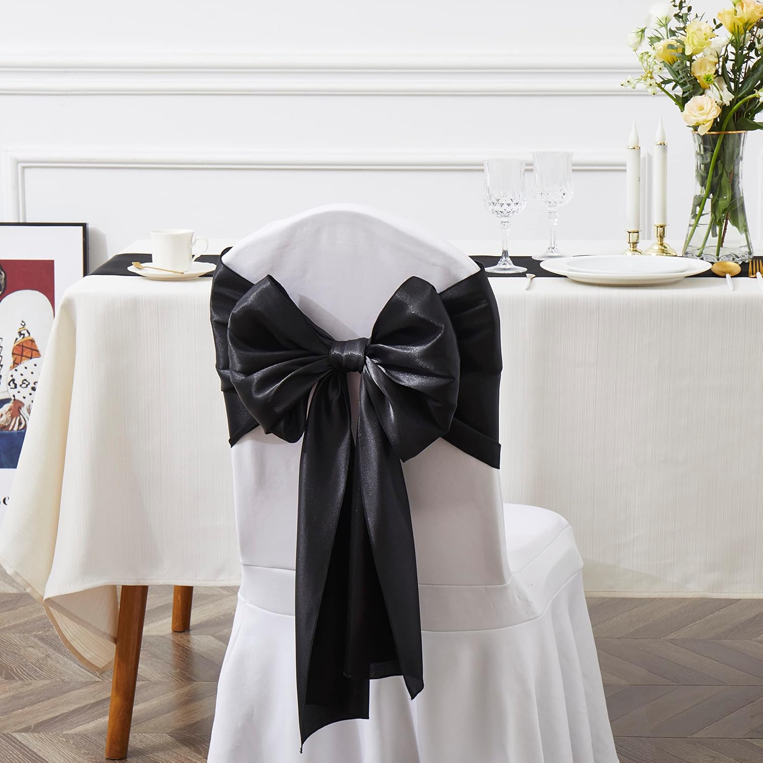 Skiennix Black Satin Chair Sashes - Elegant Bows for Weddings & Events | 6 x 108 Inch