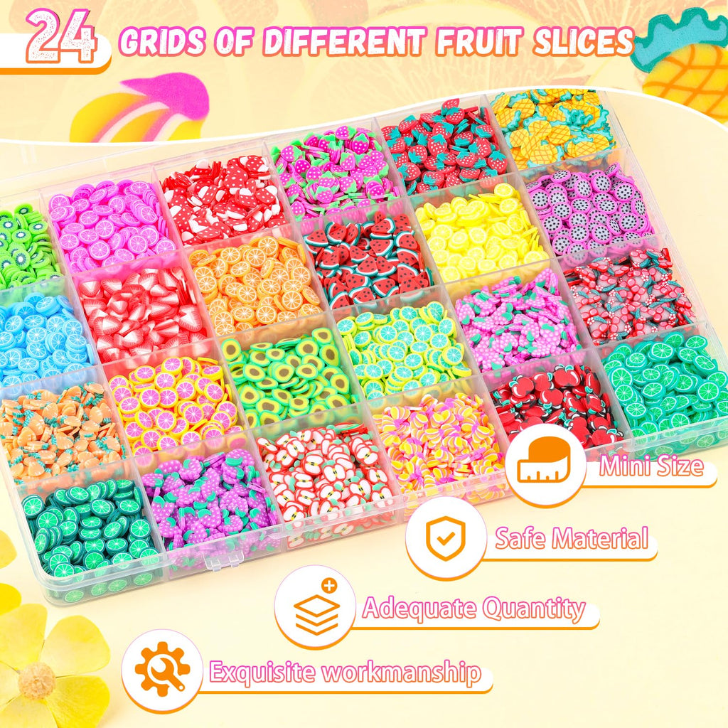 TINKRSTUFF Fruit Slice Polymer Clay Slime Add-Ins | 24-Grid Assorted Fimo Sprinkles for Nail Art & DIY Crafting