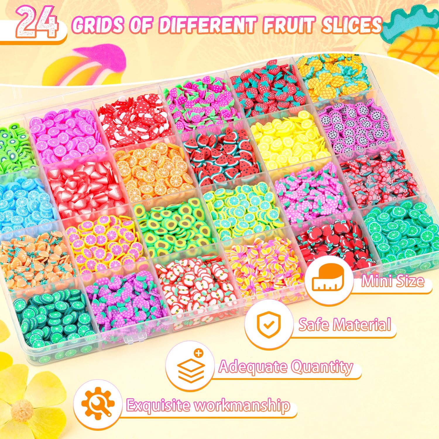 TINKRSTUFF Fruit Slice Polymer Clay Slime Add-Ins | 24-Grid Assorted Fimo Sprinkles for Nail Art & DIY Crafting