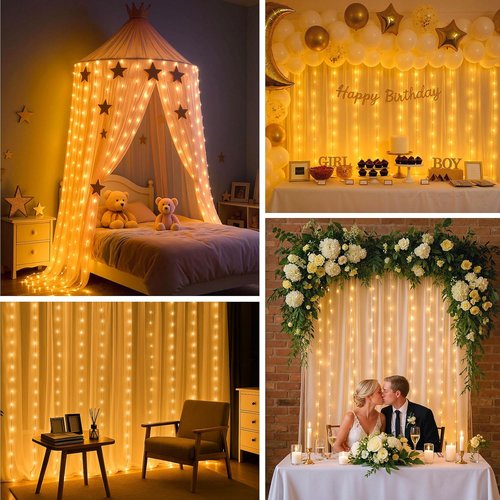 DomeStar 300 LED Curtain Lights - 9.8 x 9.8 FT Fairy Lights with 8 Modes Remote | Warm White Ambient Decor