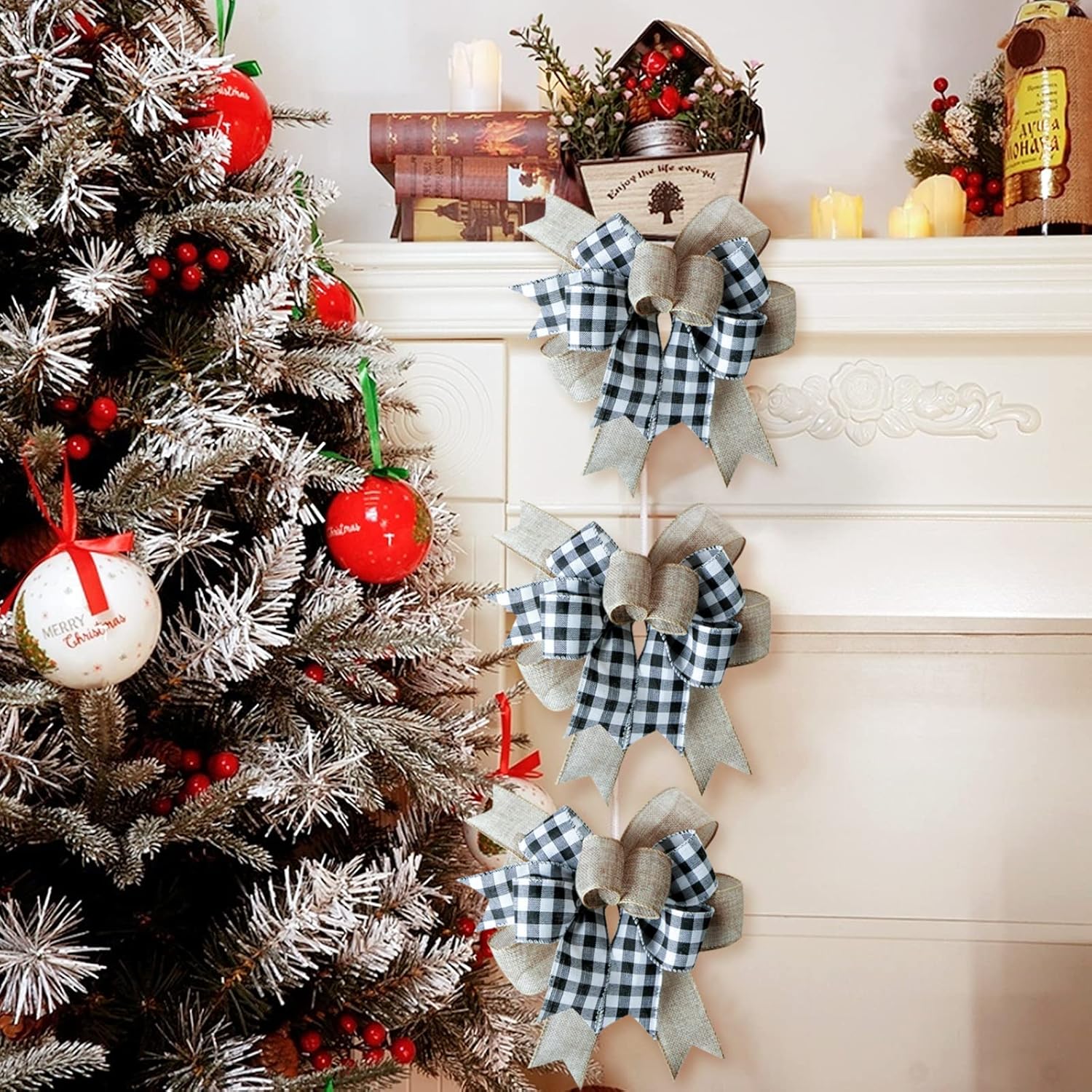 SIMISI Ribbon Buffalo Plaid Bow - Black & White Burlap Wreath Decor (9.5 x 13 Inch)