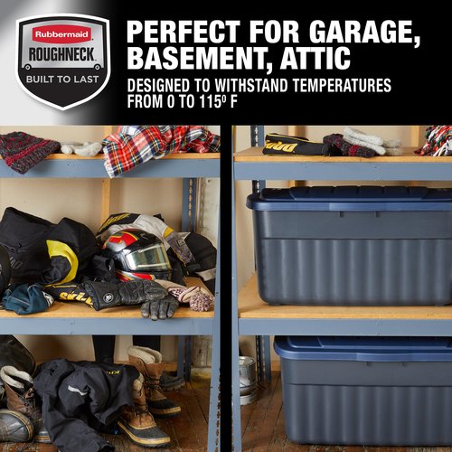 Rubbermaid Roughneck️ 40 Gallon Storage Totes, Pack of 2, Durable Stackable Storage Containers with Hinged Lids, Nestable Plastic Storage Bins for Tools, Toy Storage, Grey and Dark Indigo Metallic