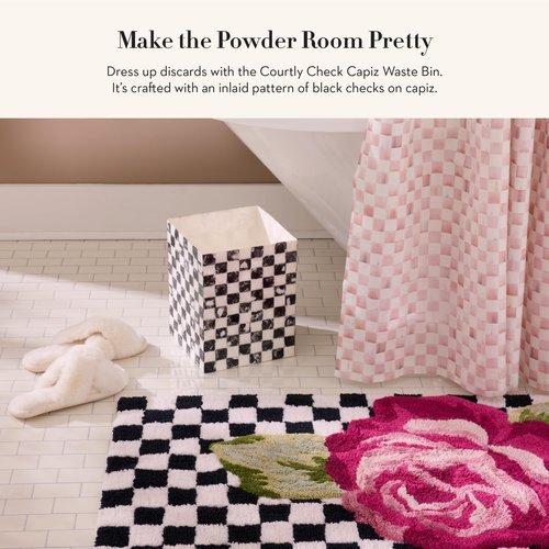 MACKENZIE-CHILDS Capiz Waste Bin, Decorative Bathroom and Bedroom Trash Can, Black-and-White Courtly Check
